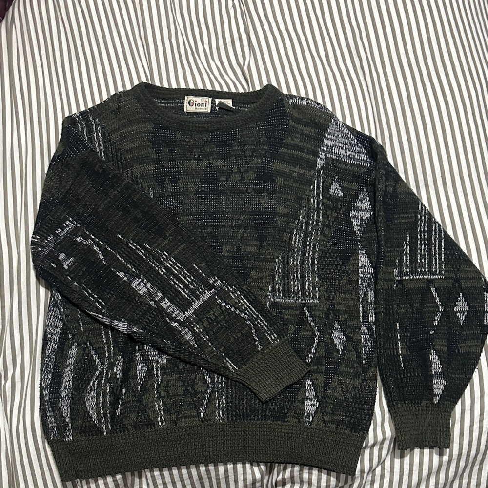Men's Dark Green Patterned Crewneck Sweater